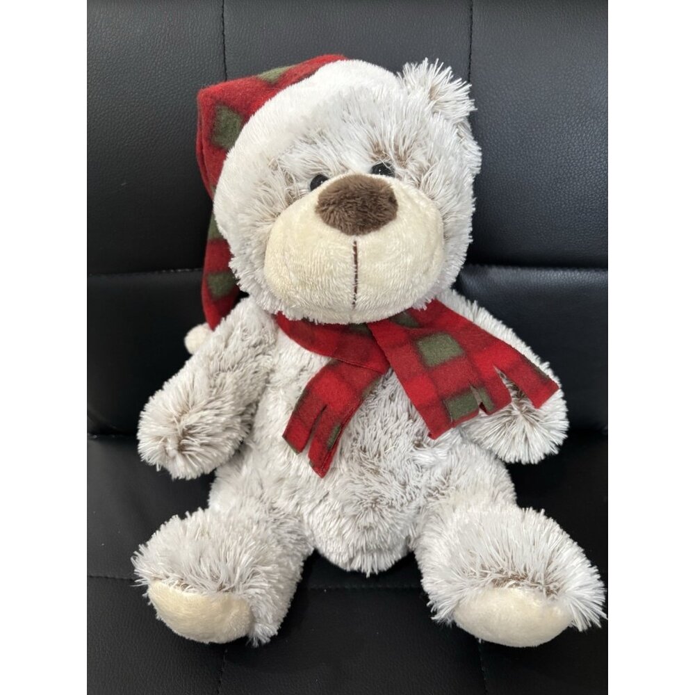 Holiday Christmas Teddy Bear Brown Wearing Plaid Hat and Scarf Red/Green 11”inch